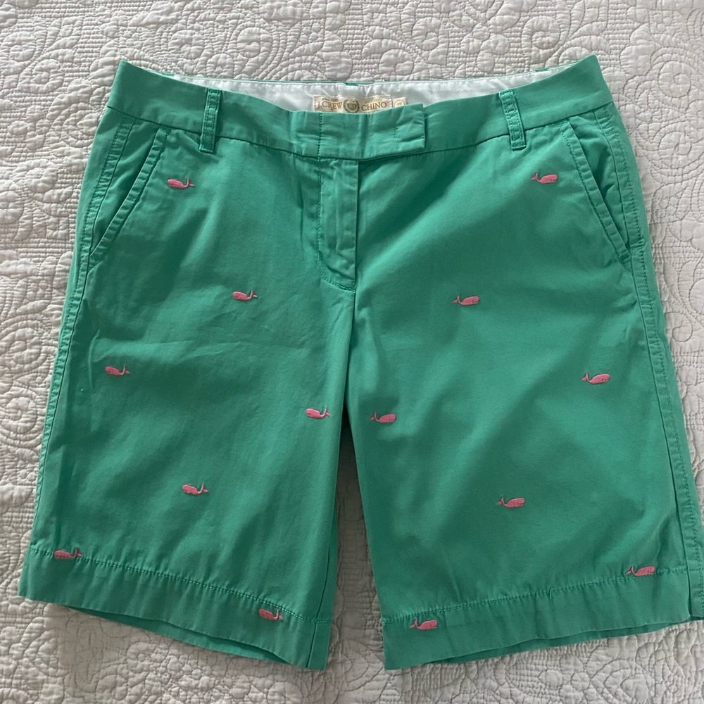 J. Crew City Fit Chino Shorts with Pink Embroidery ~ Size 12~ 100% Cotton